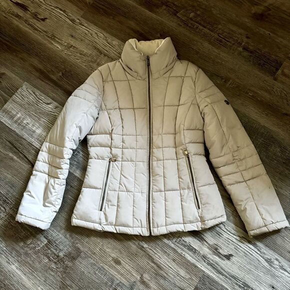 Calvin Klein Beige & Brown Puffer Jacket w/detachable Faux Fur Hoodie Size Small - Picture 1 of 15